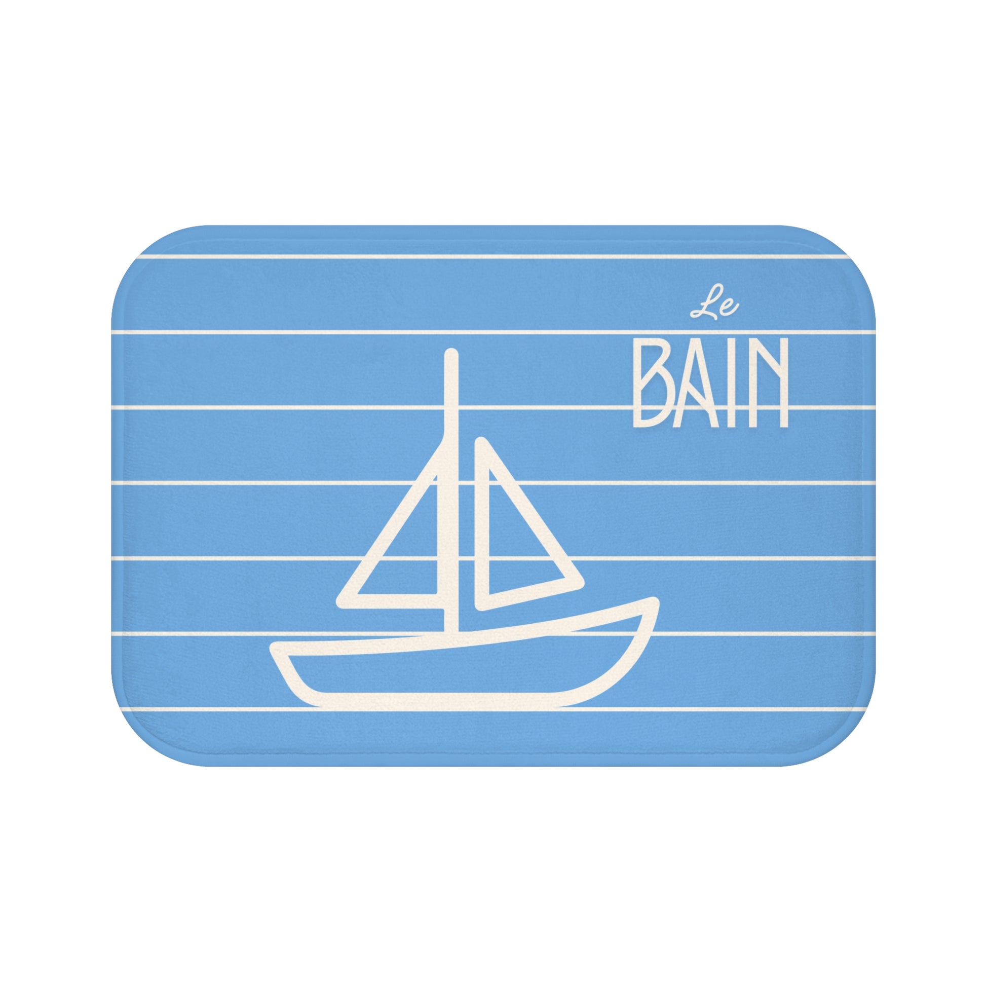 Rectangular blue sign with a white sailboat illustration and 'Le Bain' text on a white background