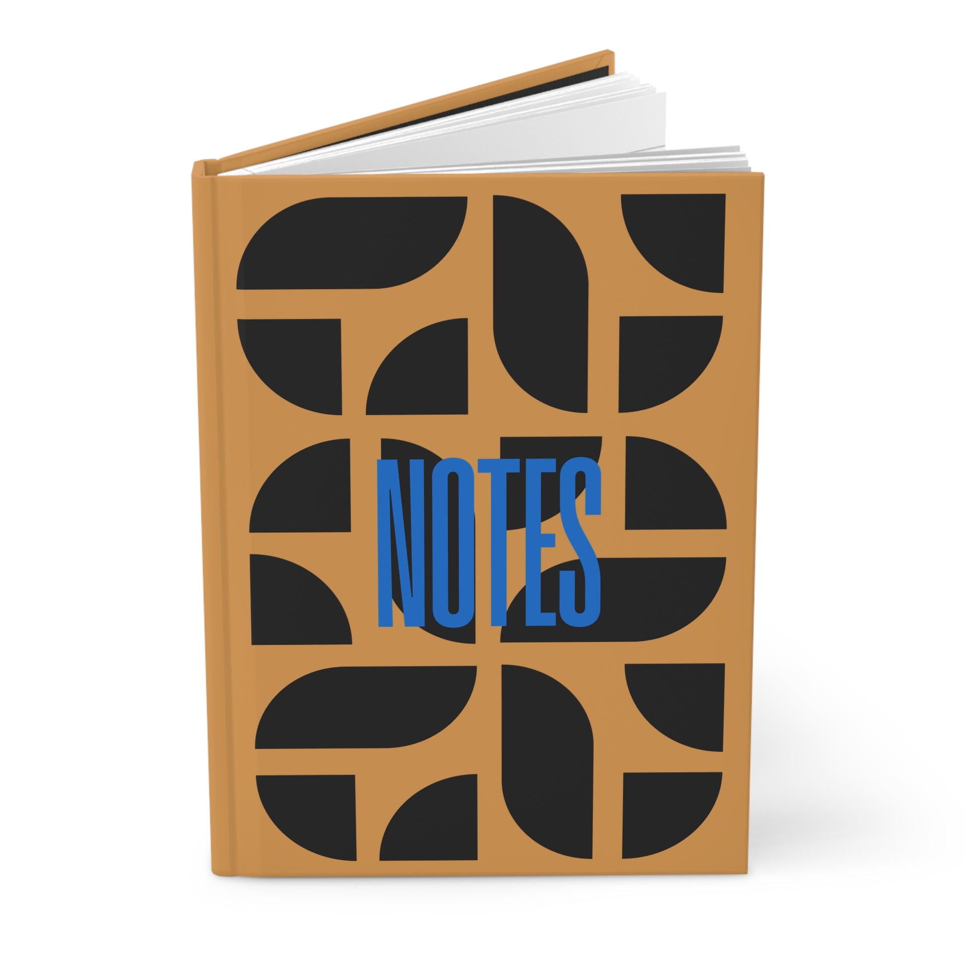 Notebook with geometric black pattern and blue 'NOTES' text on a white background