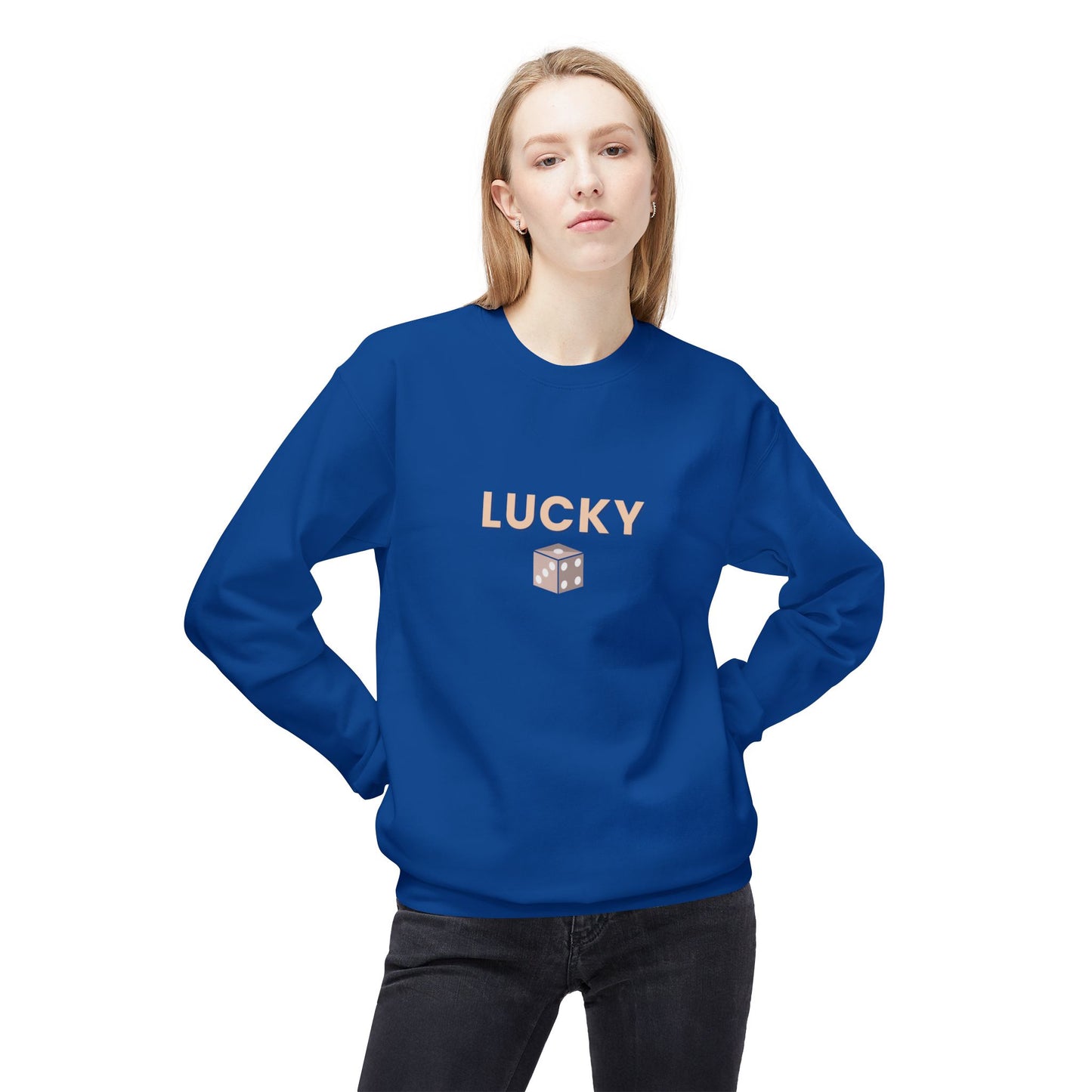 Person wearing a blue sweatshirt with 'LUCKY' and a dice graphic on a white background