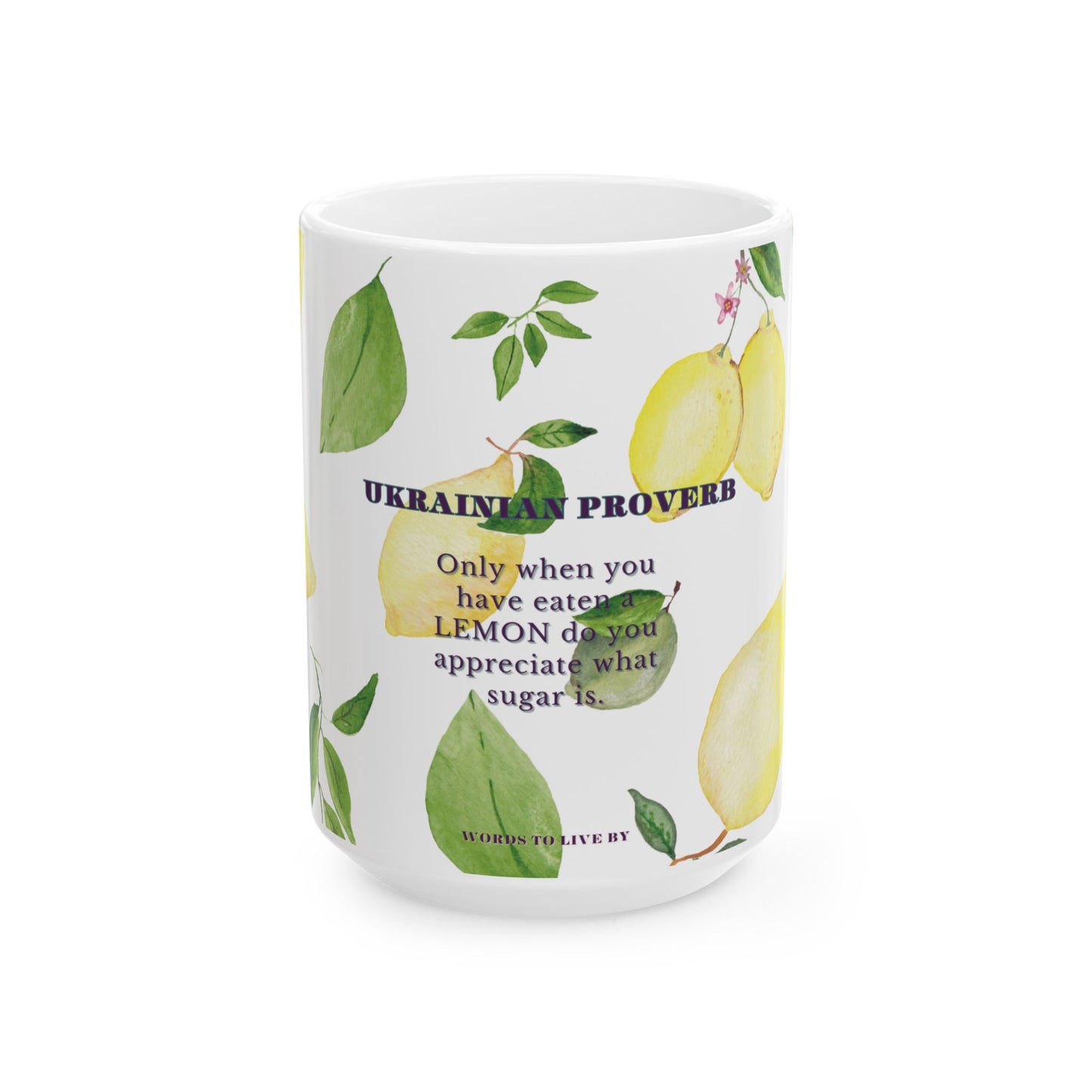 Mug with lemon design and Ukrainian proverb text on a white background