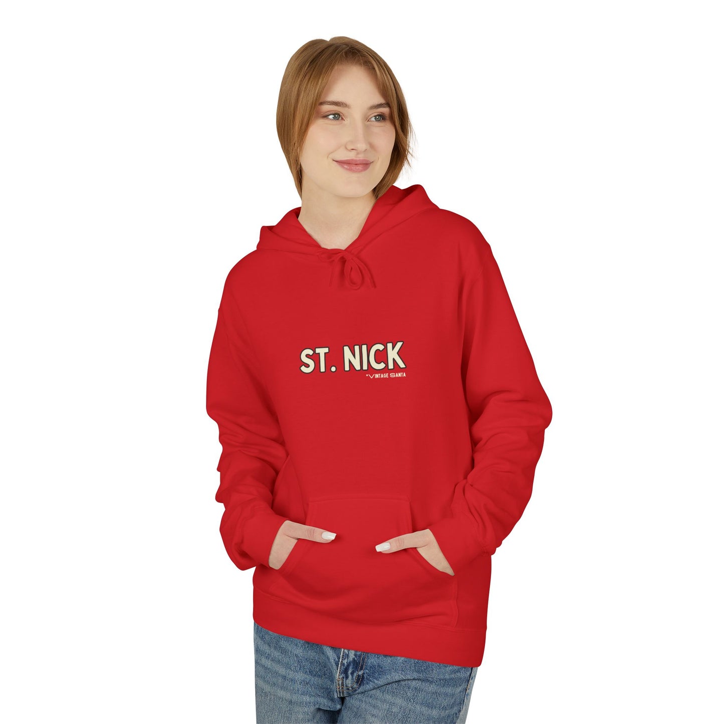 Person wearing a red hoodie with 'ST. NICK' text on a white background