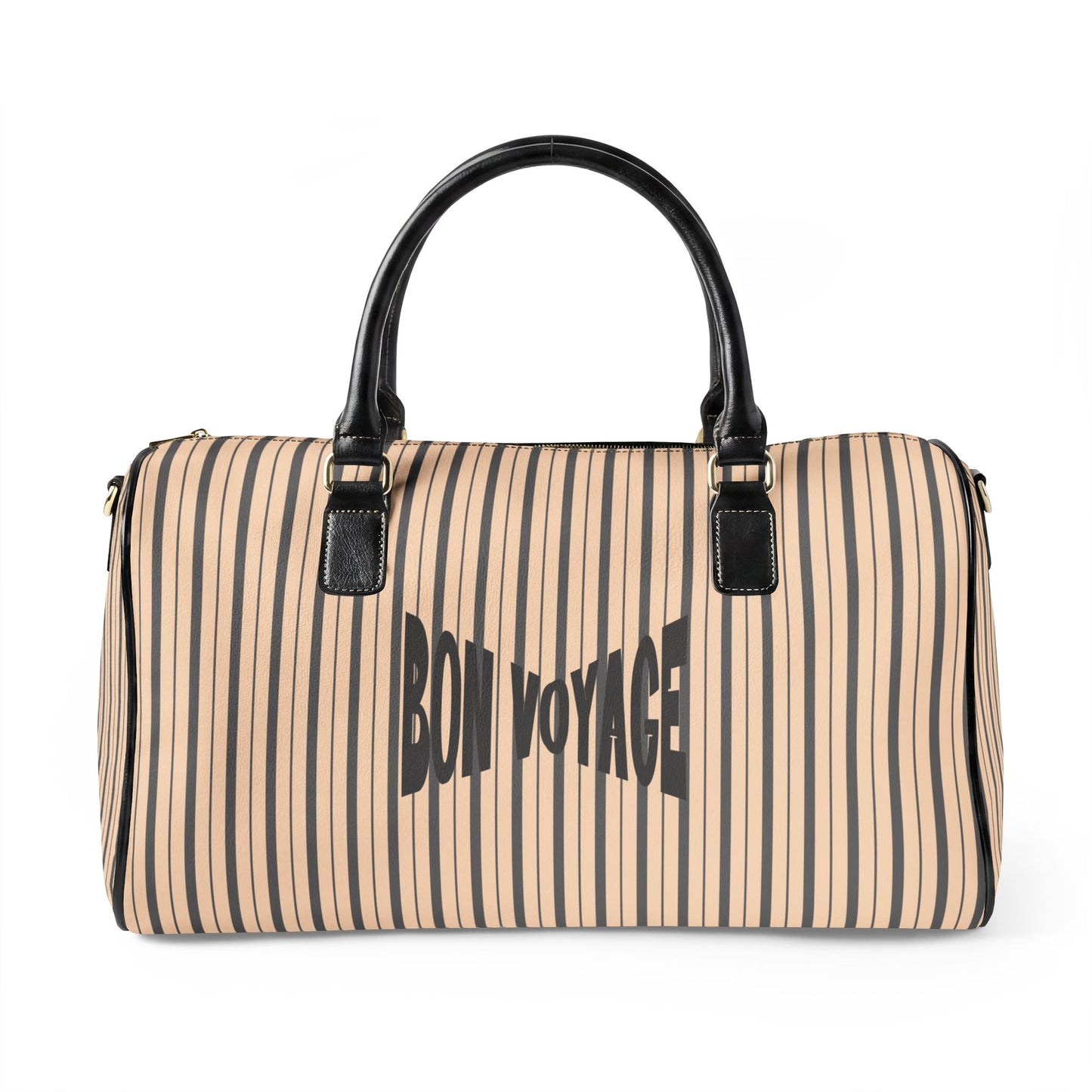 Modern Preppy Leather Travel Bag, BON VOYAGE – Grey/Tan Striped Weekender Duffle