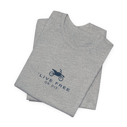 Gray t-shirt with 'Live Free or Die' text and graphic on a white background