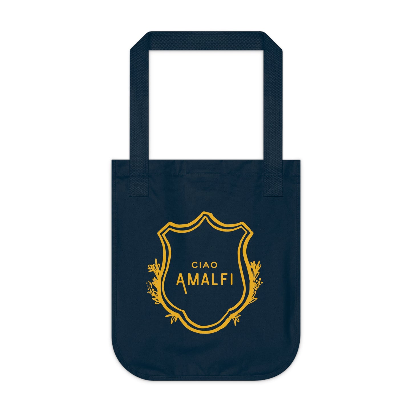 Navy blue tote bag with 'CIAO AMALFI' text on a white background