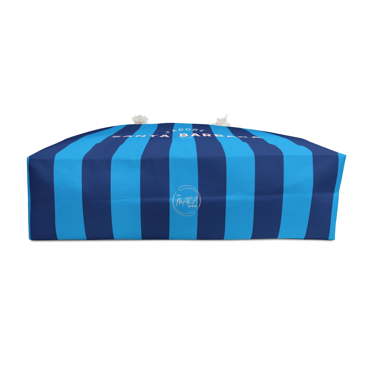 A rectangular beach umbrella cover with vertical stripes in bright blue and dark navy blue, featuring the text 'SUN LA BARRI' and a circular 'Fratelli' logo on the front, set against a plain white background.
