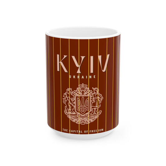 Mug with 'KYIV' and coat of arms design on a brown background