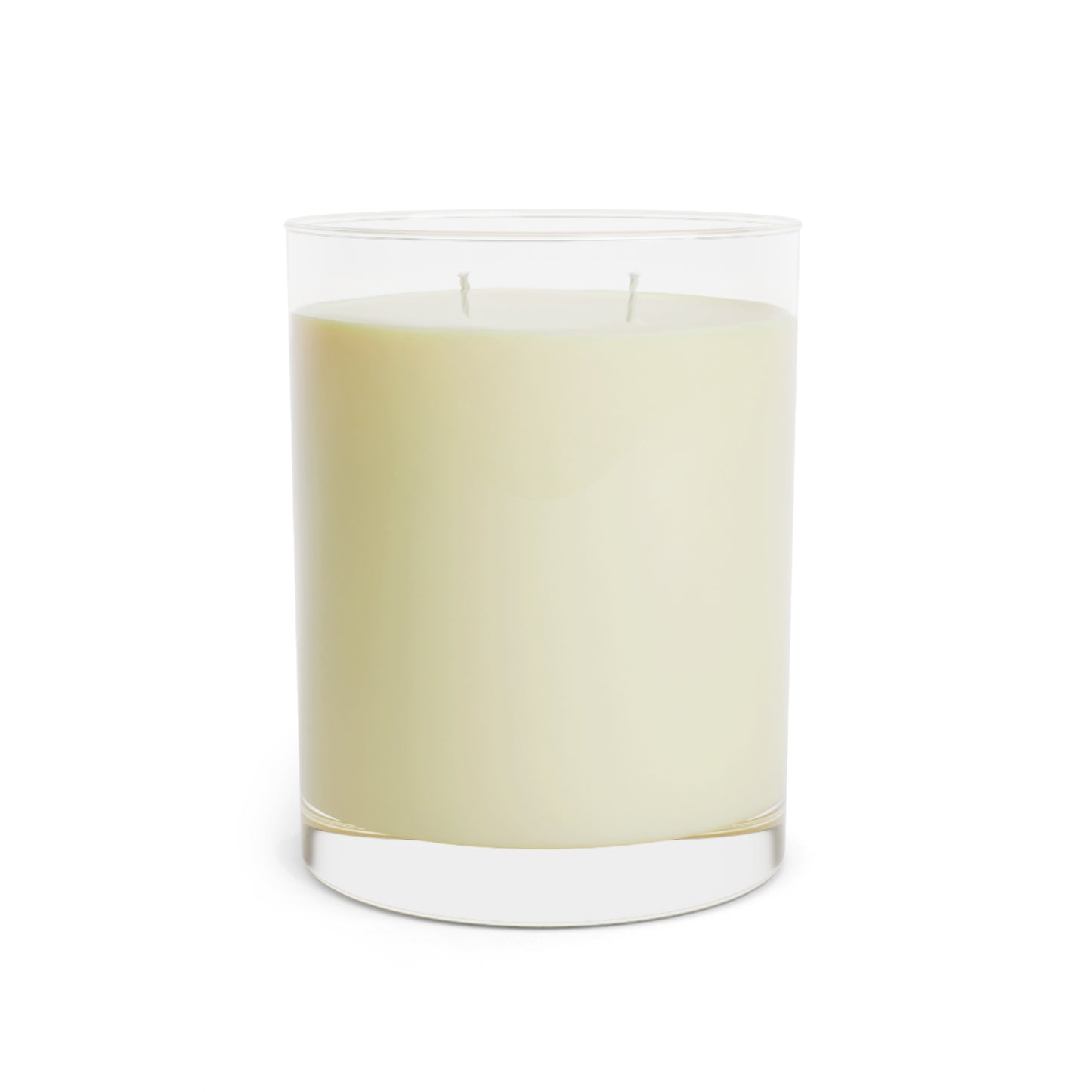 Clear glass candle with a beige candle inside on a white background