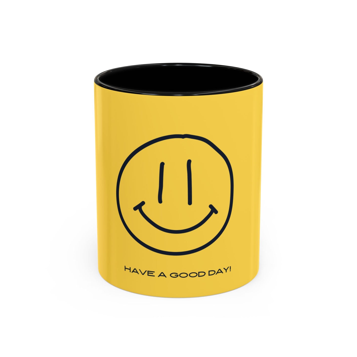 Yellow mug with smiley face and 'Have a good day!' text on a white background
