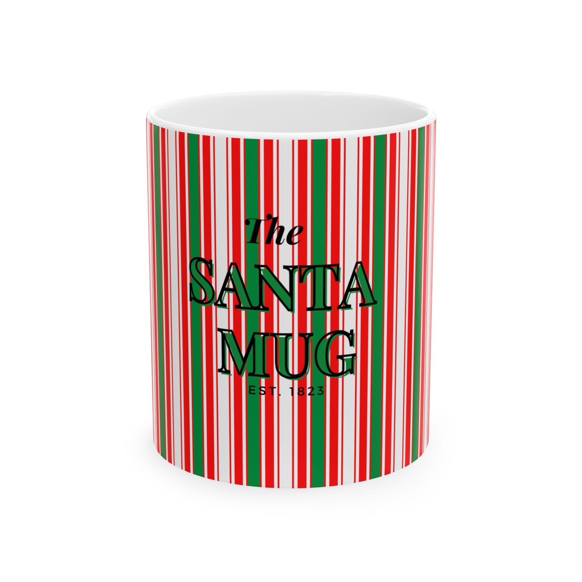 Mug with red and green striped pattern and 'The Santa Mug' text on a white background