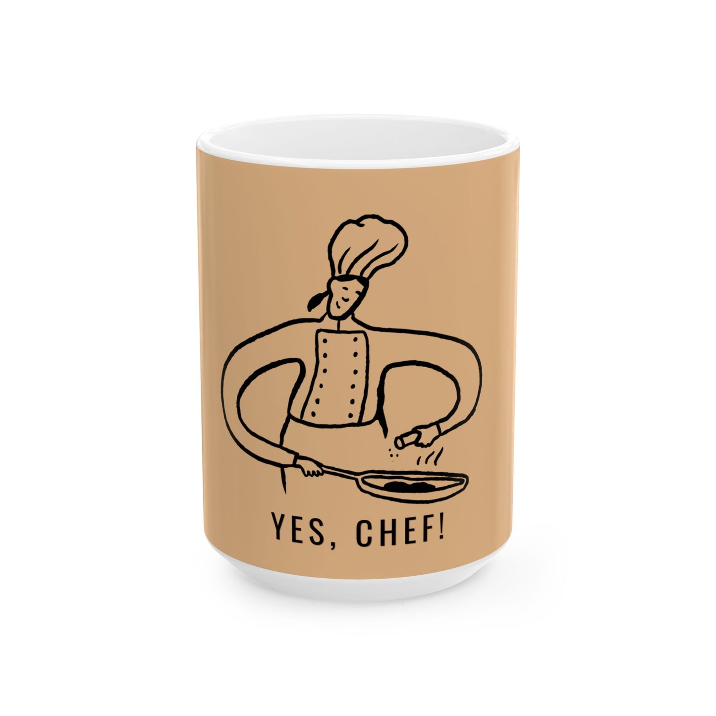 Mug with a chef illustration and 'Yes, Chef!' text on a brown background