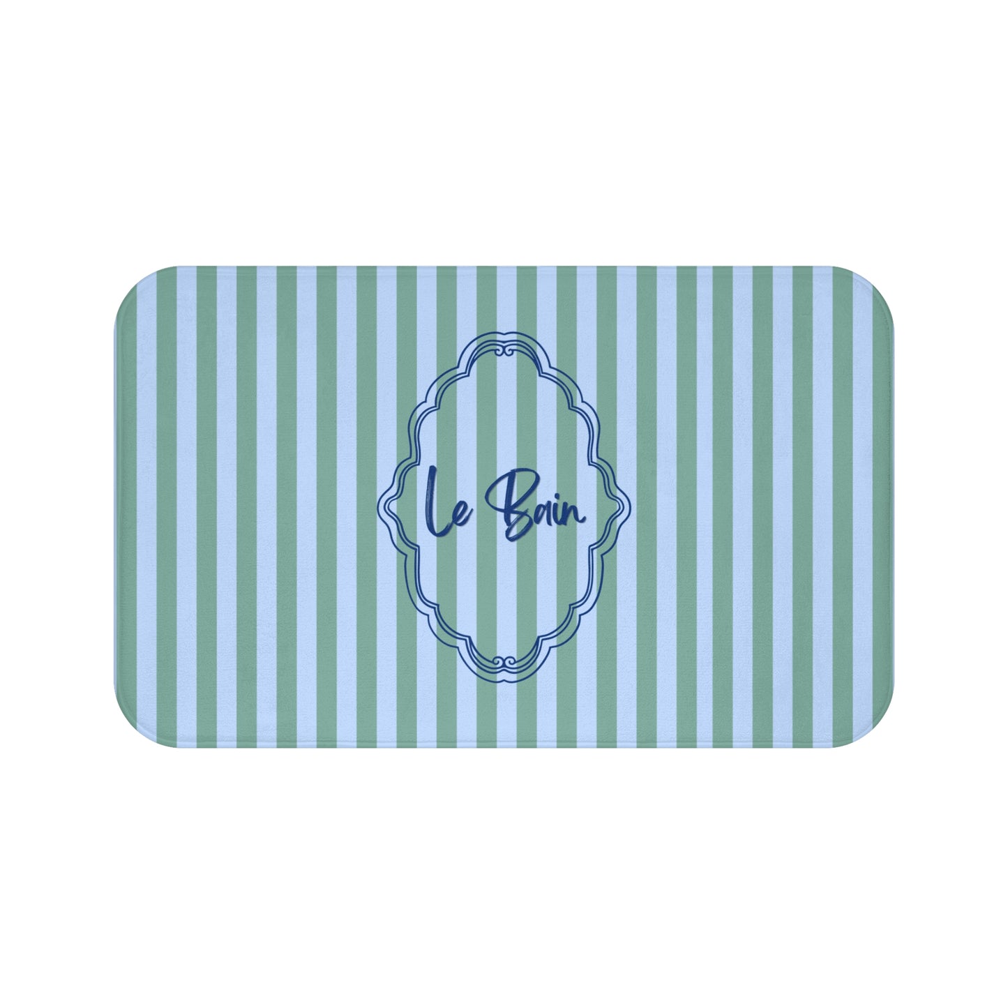 Rectangular bath mat with green and blue striped pattern and 'Le Bain' text.