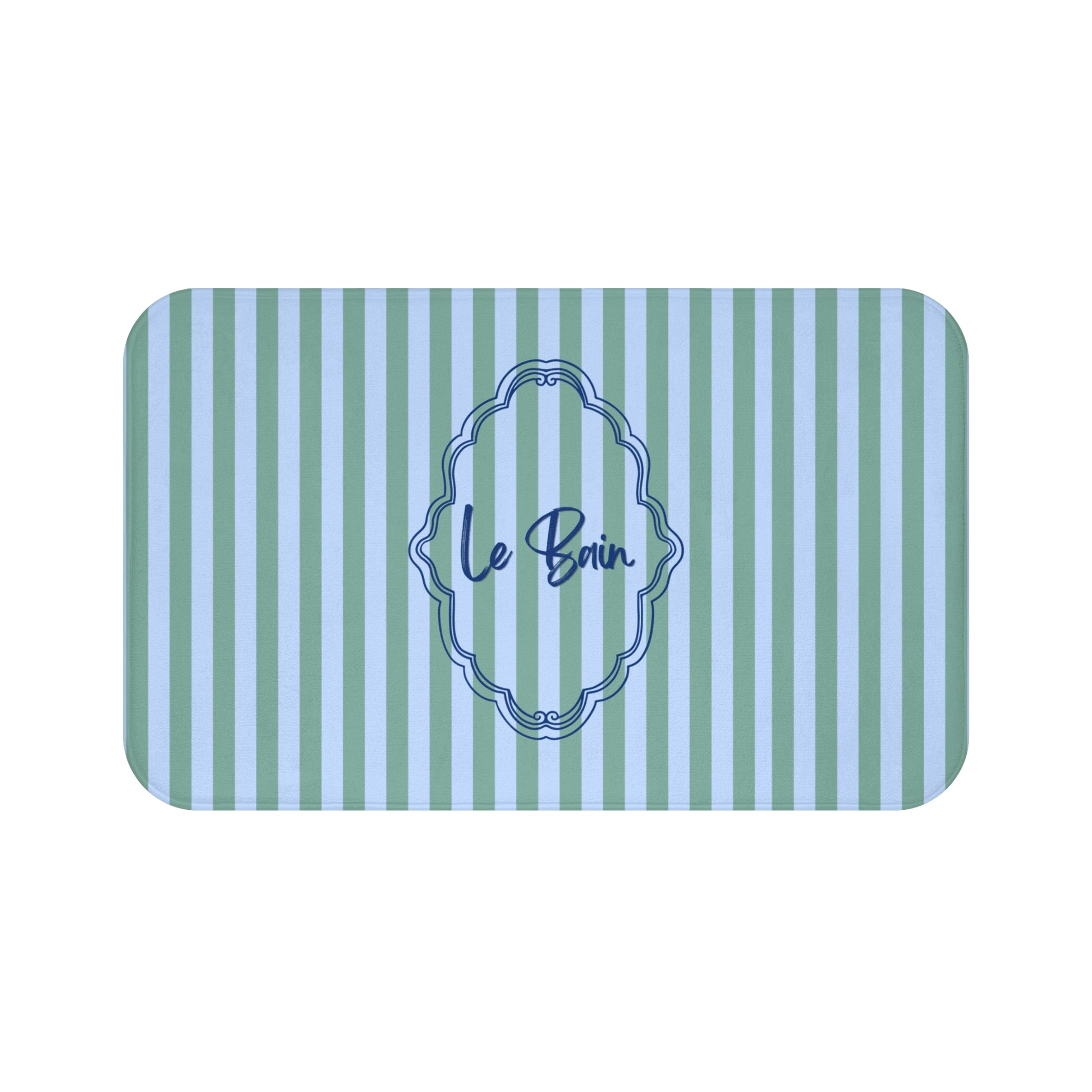 Rectangular bath mat with green and blue striped pattern and 'Le Bain' text.