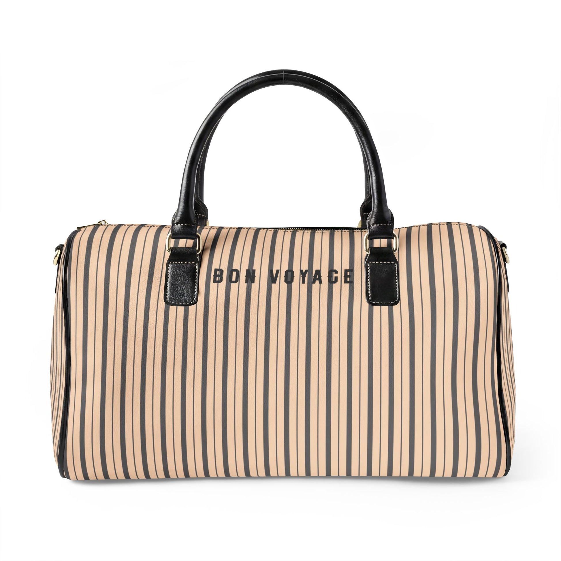 Striped duffel bag with 'Bon Voyage' text on a white background