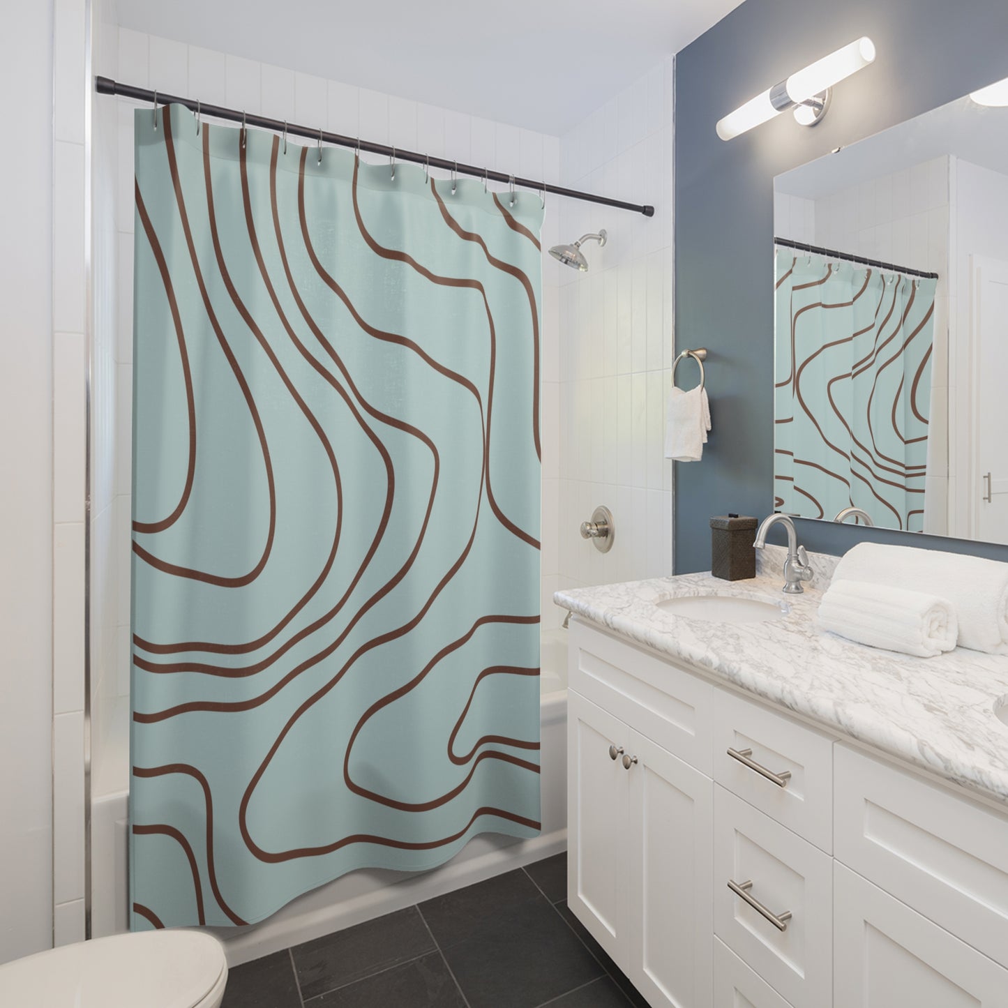 Light Blue/Brown Abstract Wave Shower Curtain, Modern Bathroom Decor
