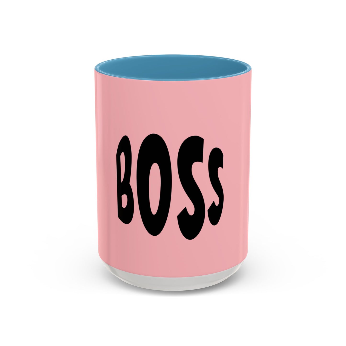 Pink mug with 'BOSS' text on a white background