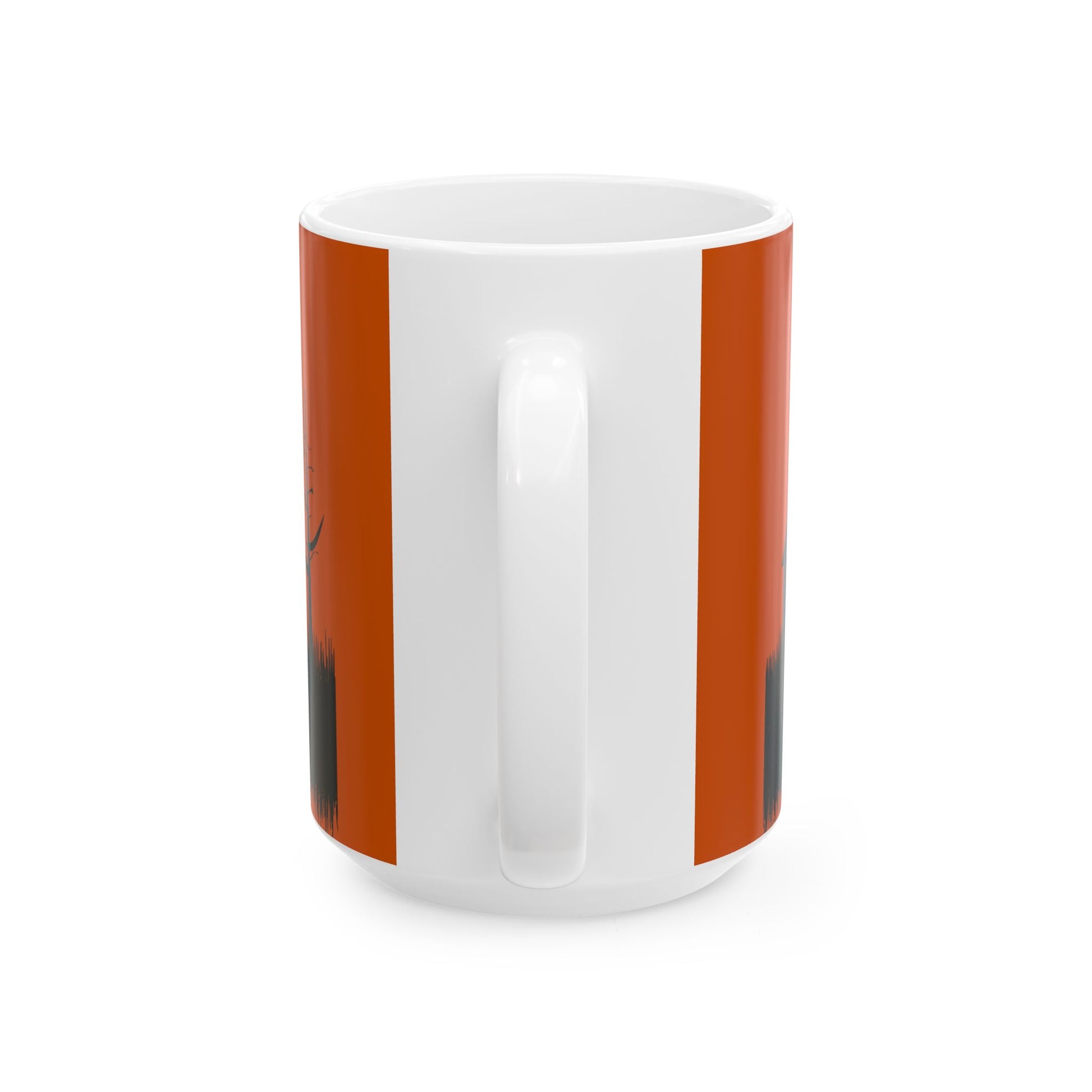 A white ceramic mug with a handle, featuring a wrap-around graphic design of vertical orange-brown stripes with dark gray abstract shapes at the bottom, shown on a plain white background.