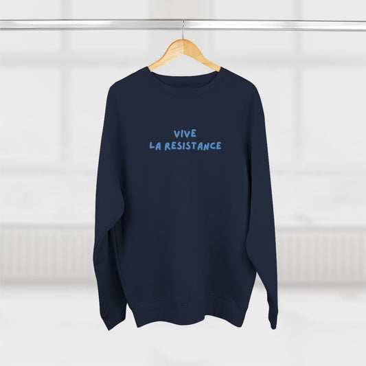 Navy blue sweatshirt with 'Vive La Resistance' text on a hanger against a white background
