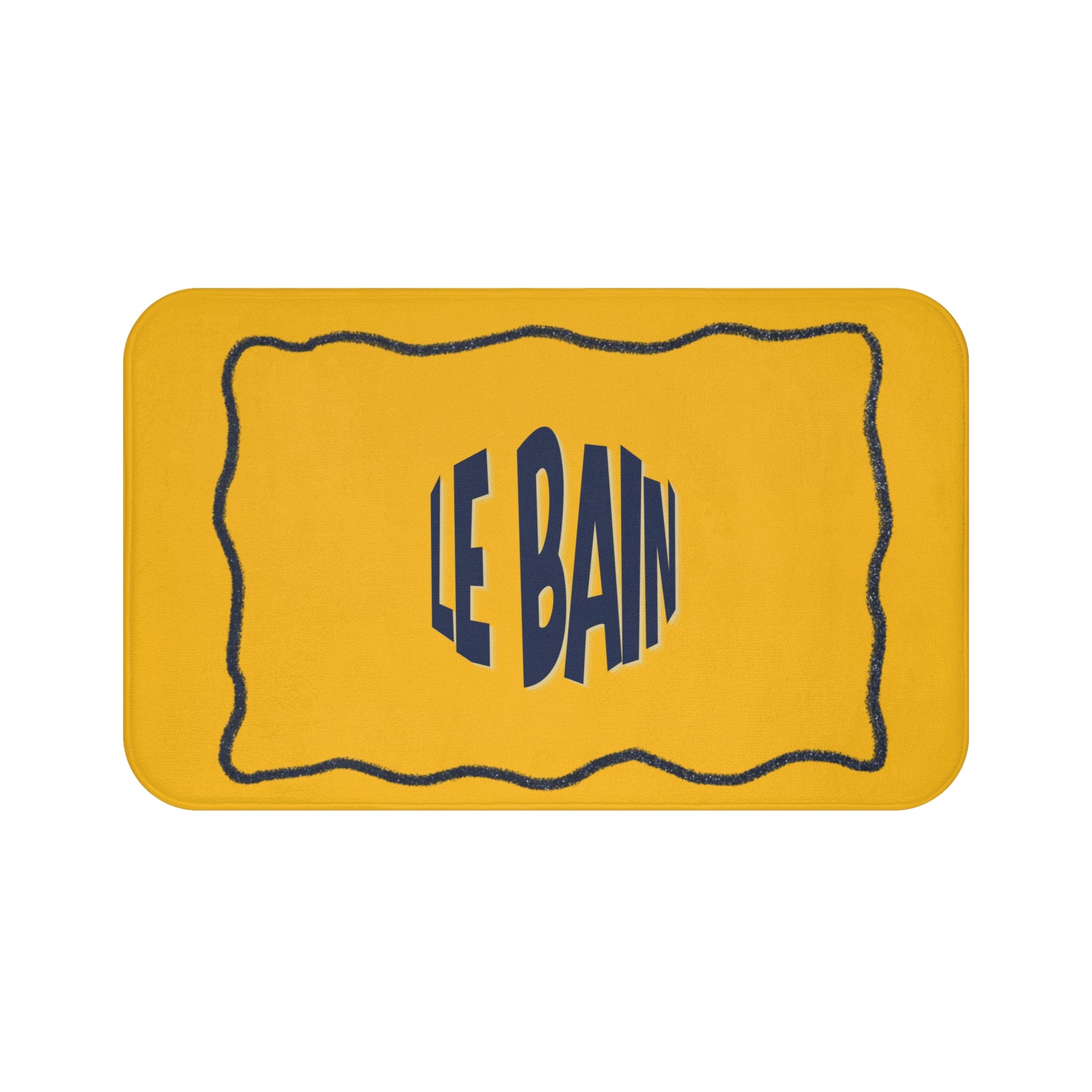Yellow bath mat with 'LE BAIN' text on a white background