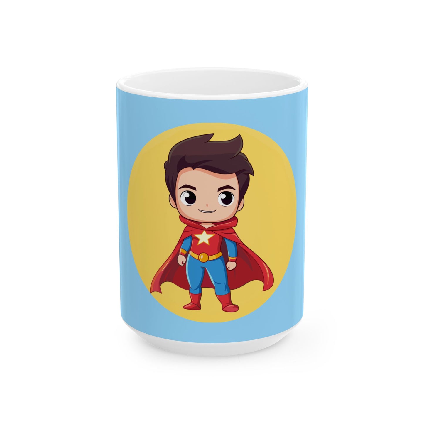A white ceramic mug with a light blue wrap-around design featuring a cartoon chibi-style superhero character standing in front of a yellow oval on a white background.