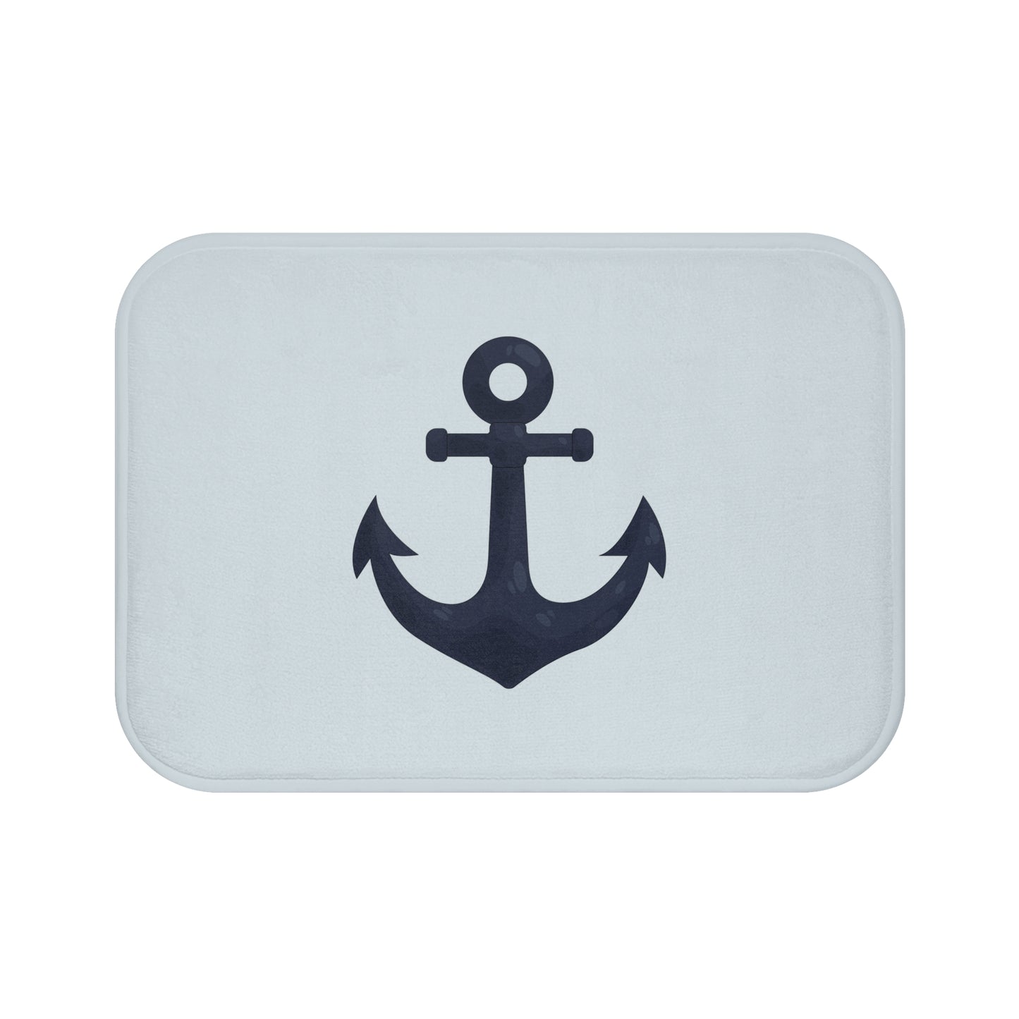 Rectangular light blue bath mat with a navy anchor design on a white background