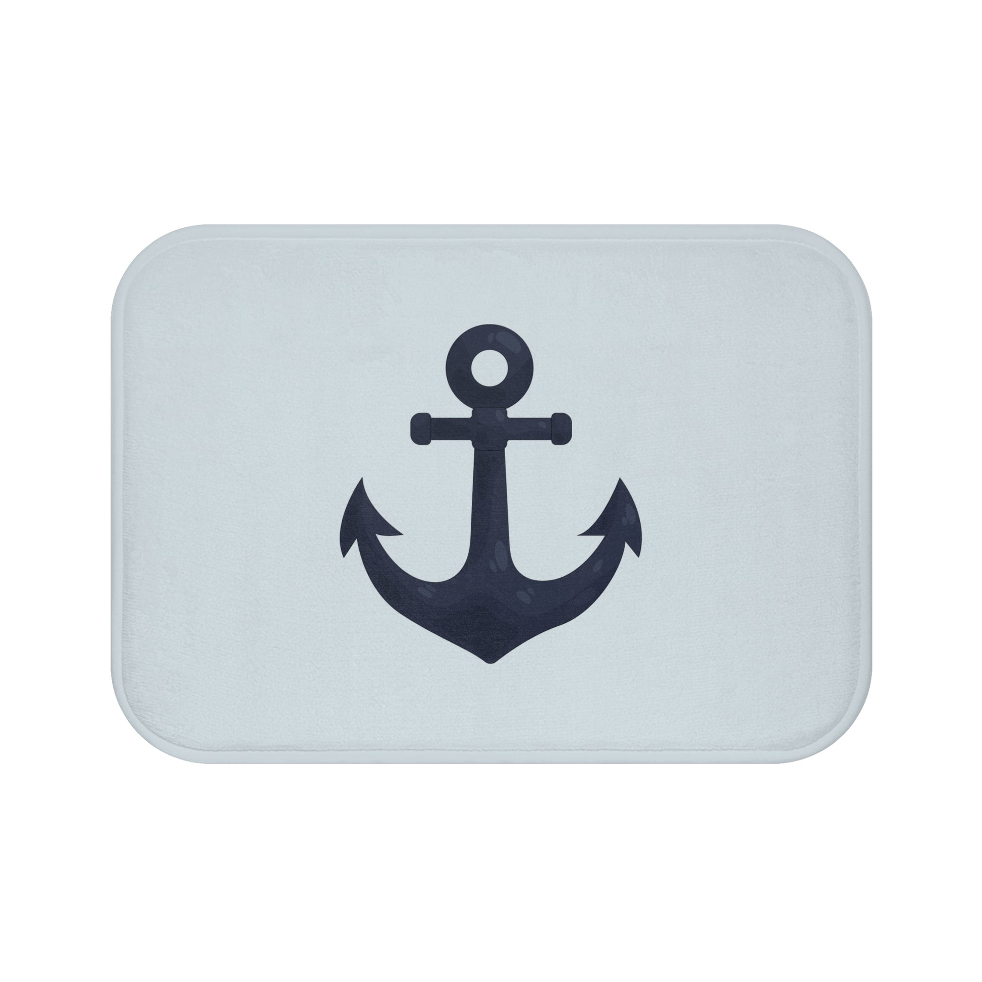 Rectangular light blue bath mat with a navy anchor design on a white background