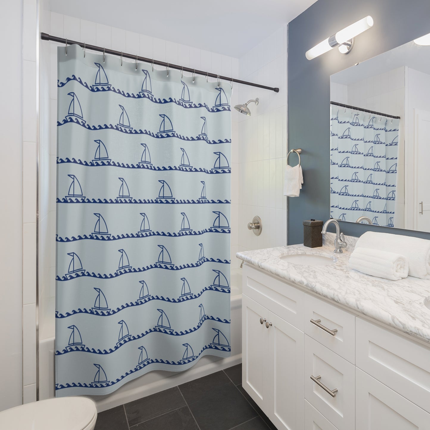 Baby Blue Nautical Sailboat Shower Curtain 