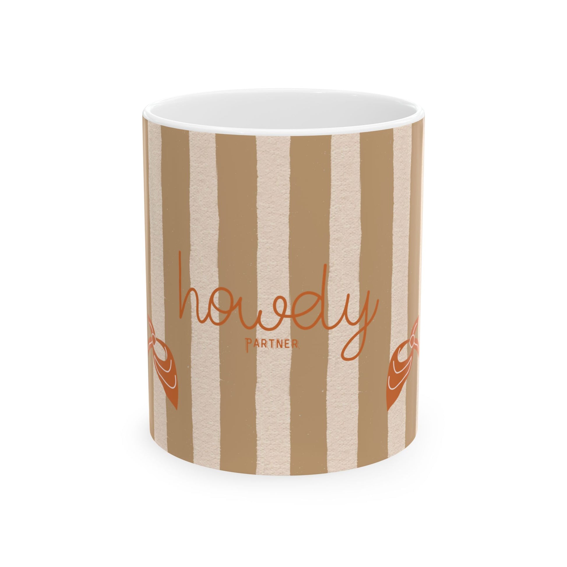 Mug with brown and beige striped pattern and 'howdy partner' text on a white background