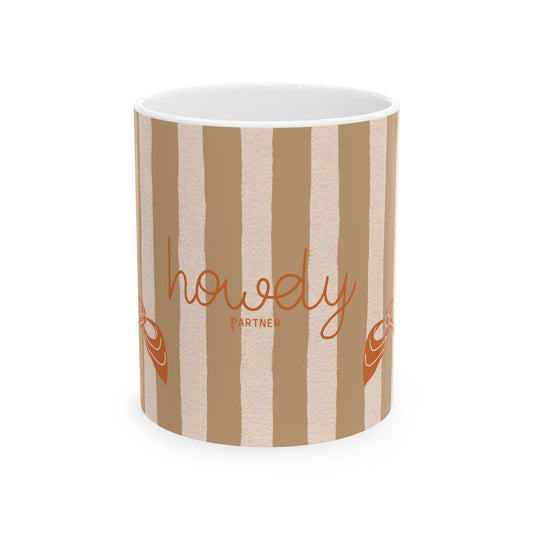 Mug with brown and beige striped pattern and 'howdy partner' text on a white background