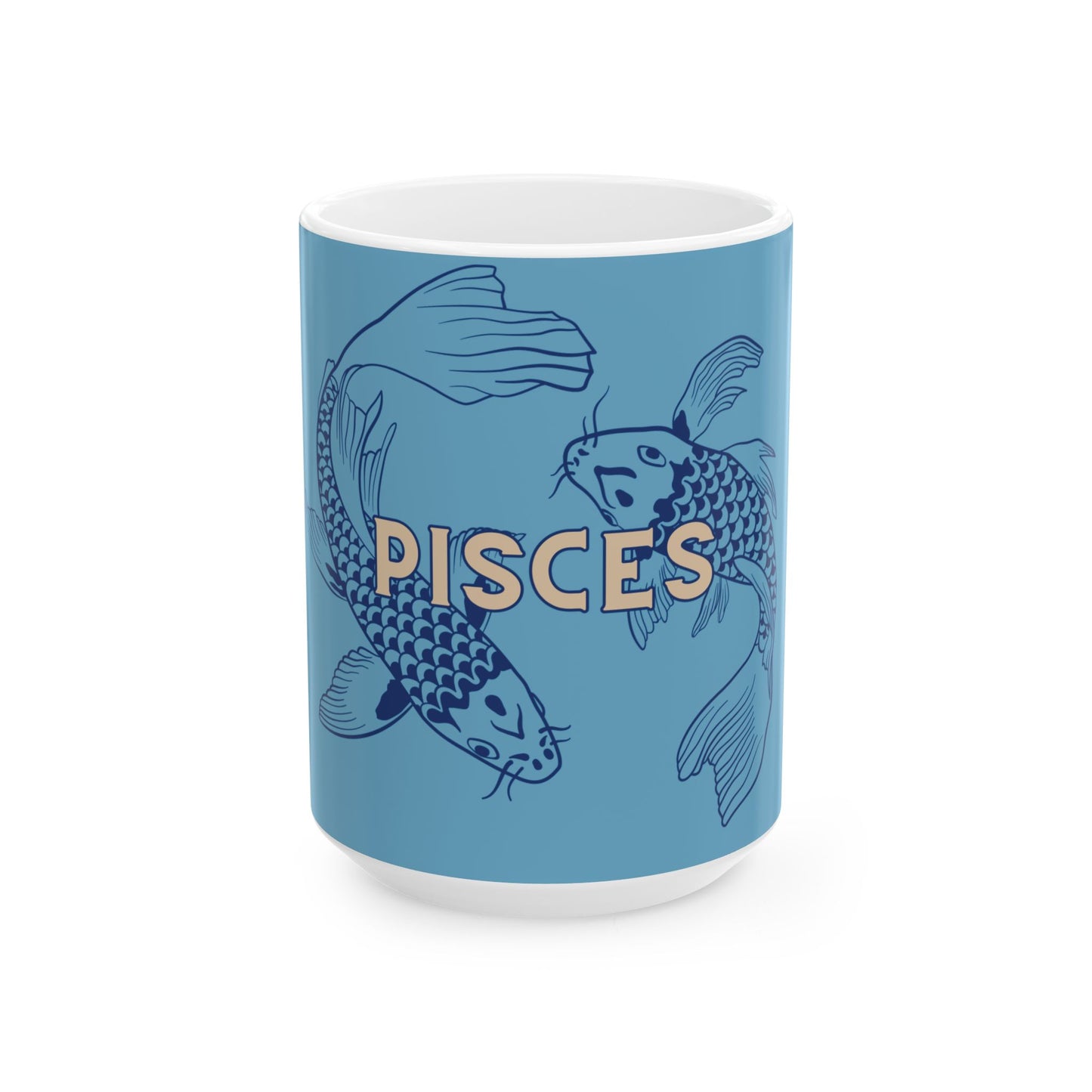 Blue mug with Pisces design featuring two fish and the word 'Pisces' on a white background