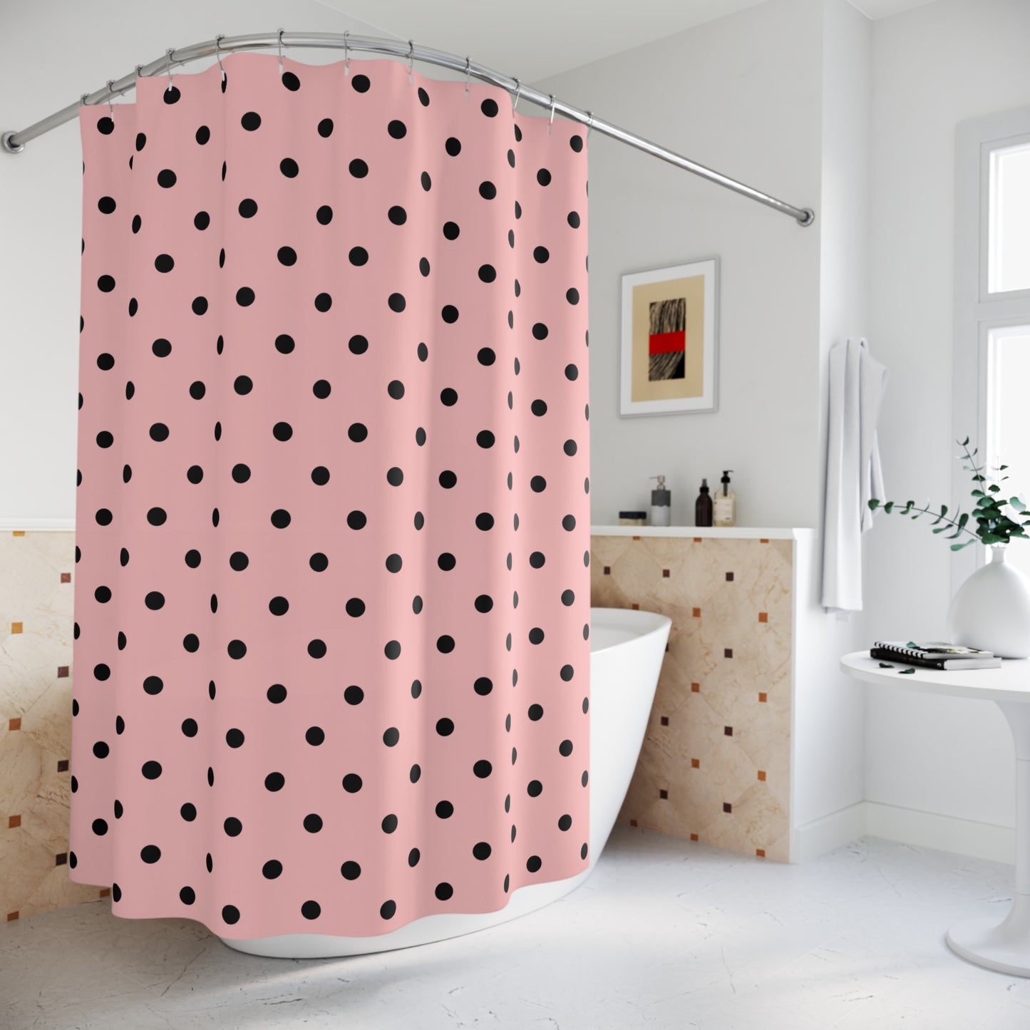 Pink shower curtain with black polka dots in a bathroom setting