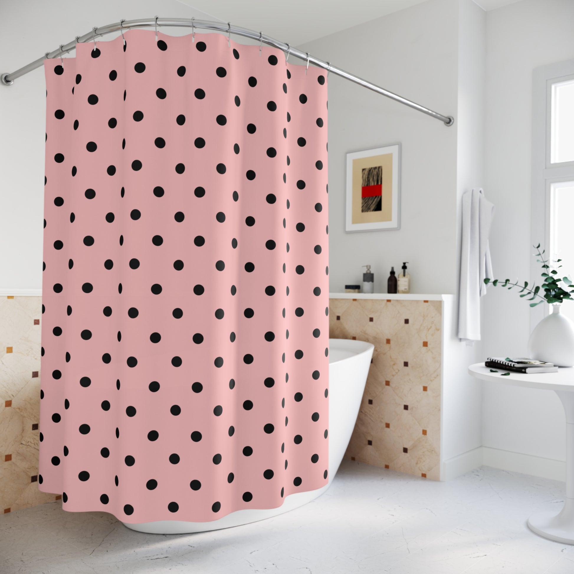 Pink shower curtain with black polka dots in a bathroom setting