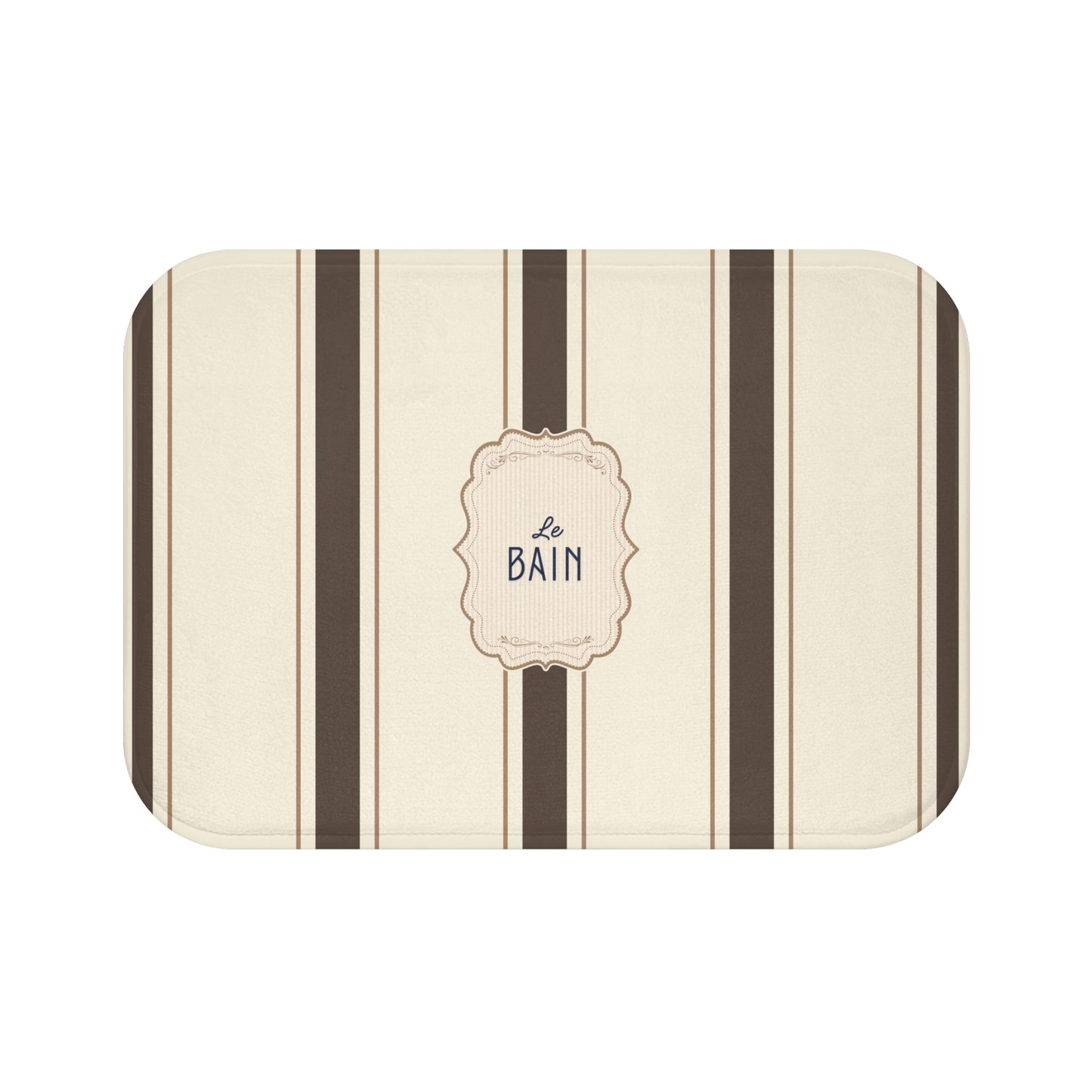 Rectangular bath mat with brown stripes and 'Le Bain' text on a white background