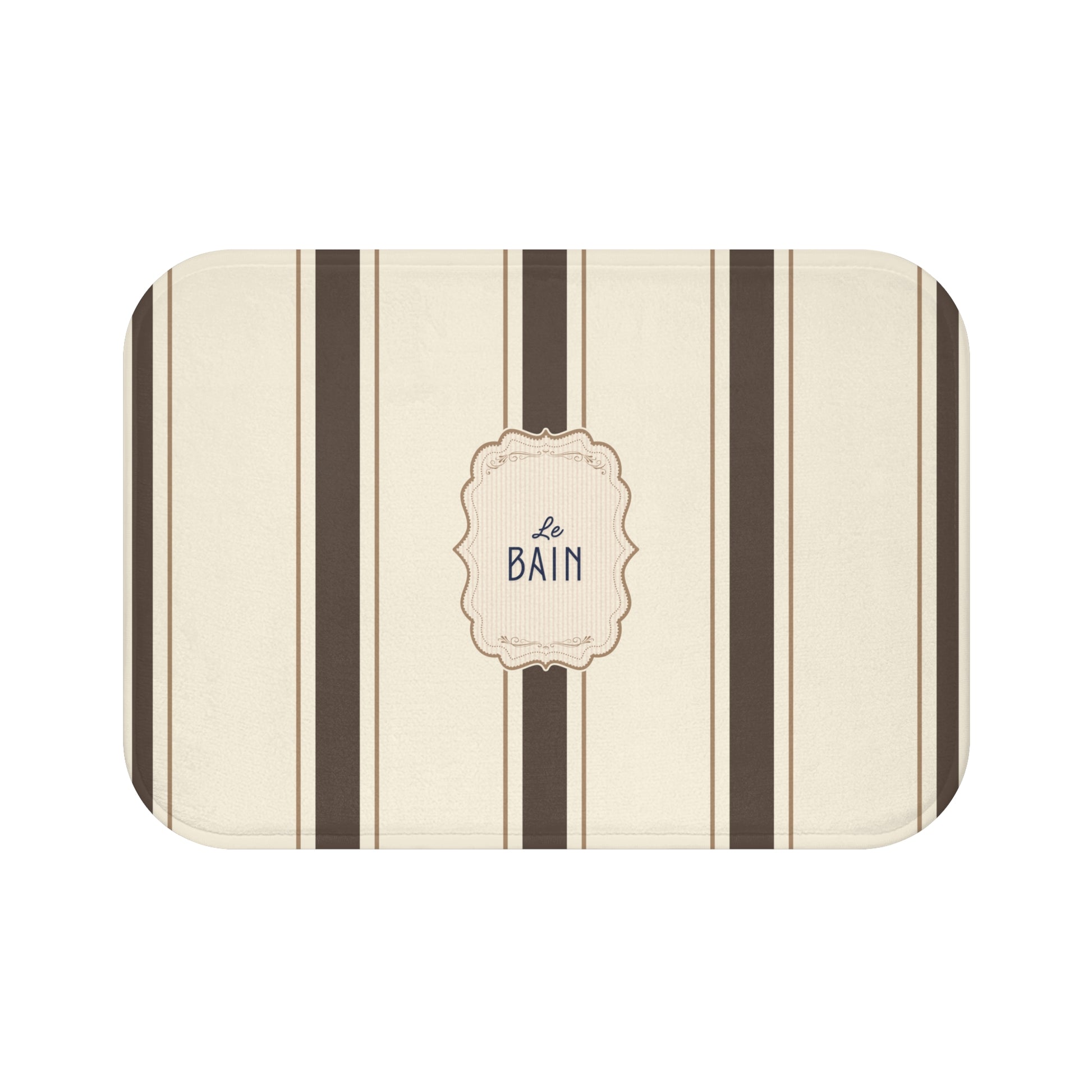 Rectangular bath mat with brown stripes and 'Le Bain' text on a white background