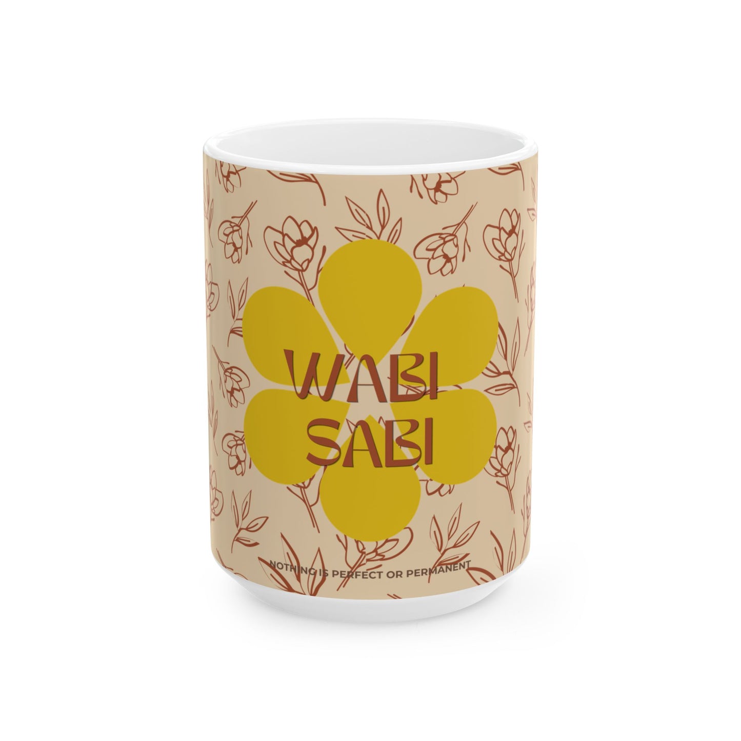 Mug with floral design and 'Wabi Sabi' text on a beige background