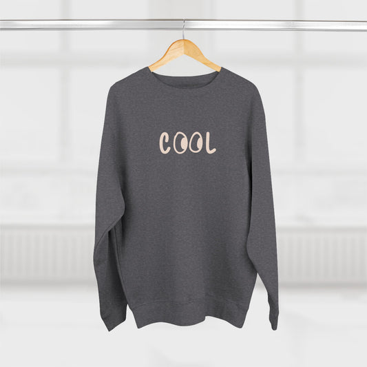 Gray sweatshirt with 'COOL' text on a wooden hanger against a white background