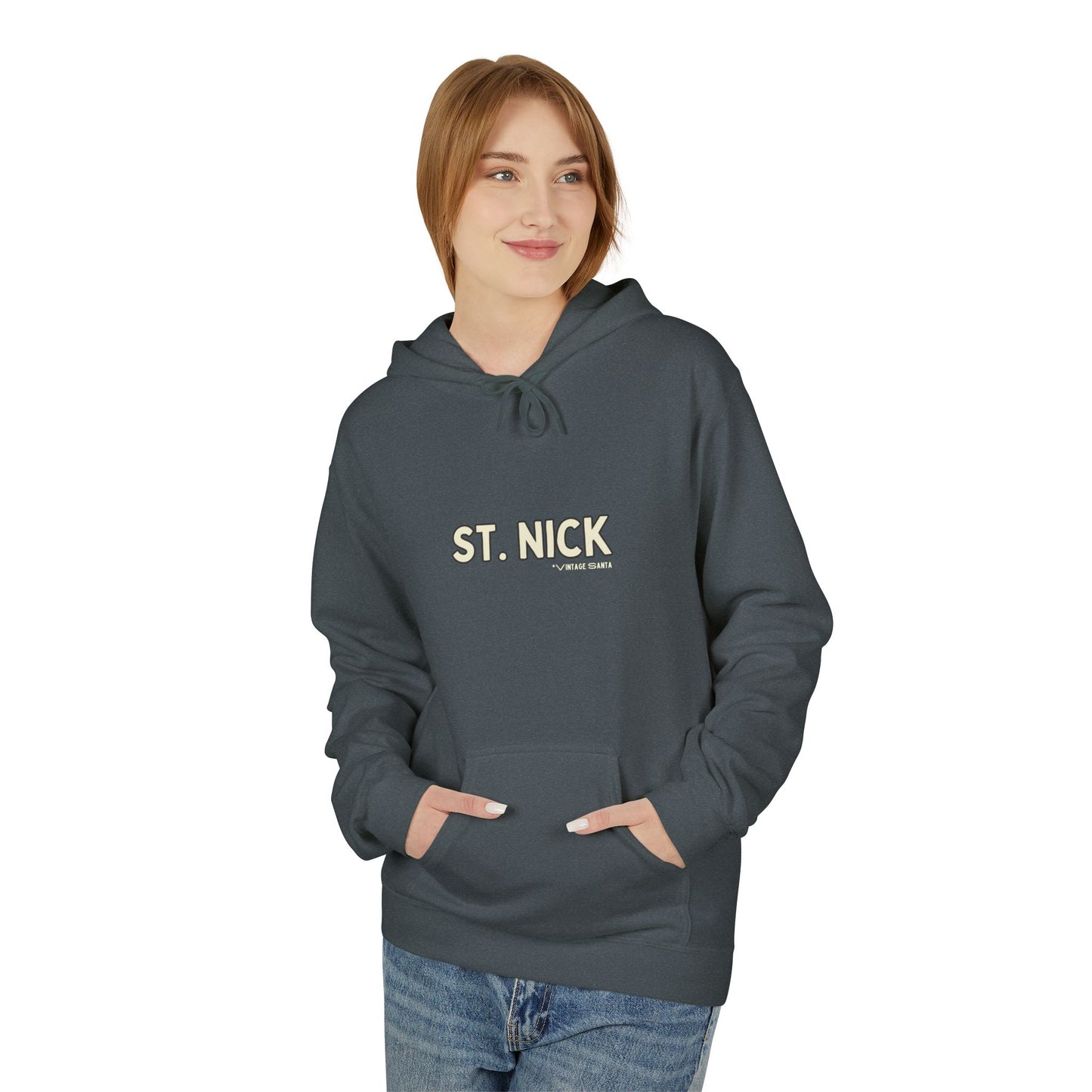 Person wearing a gray hoodie with 'ST. NICK' text on a white background