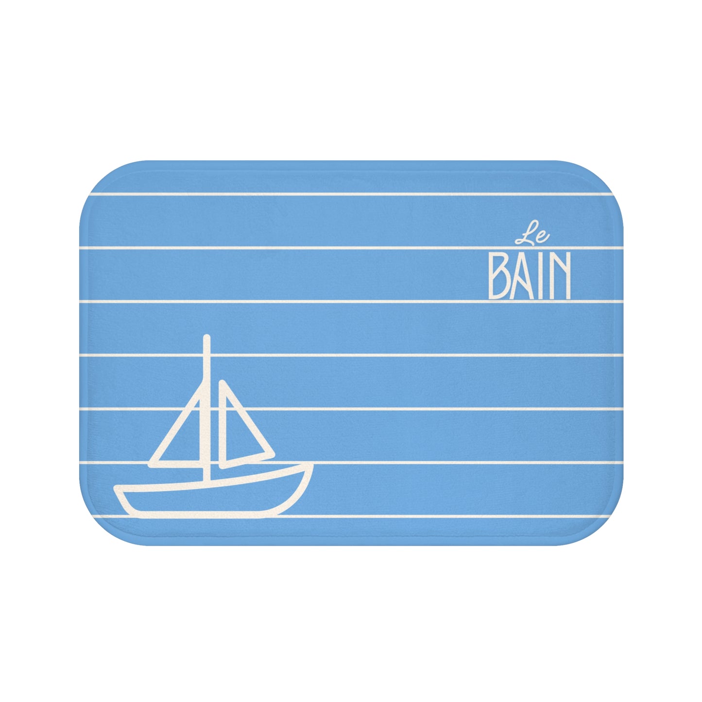 Blue rectangular mat with white sailboat and 'Le Bain' text on a white background