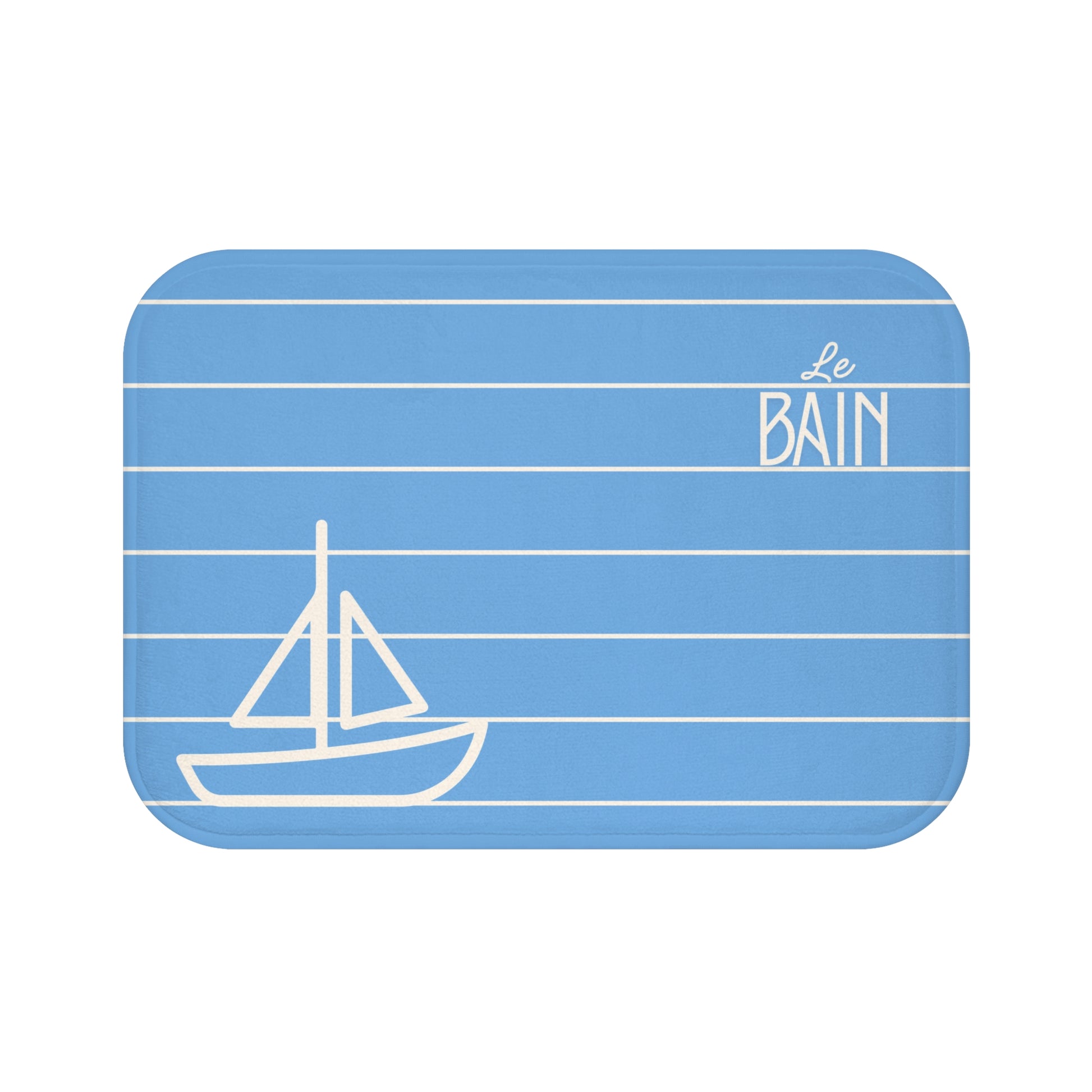 Blue rectangular mat with white sailboat and 'Le Bain' text on a white background