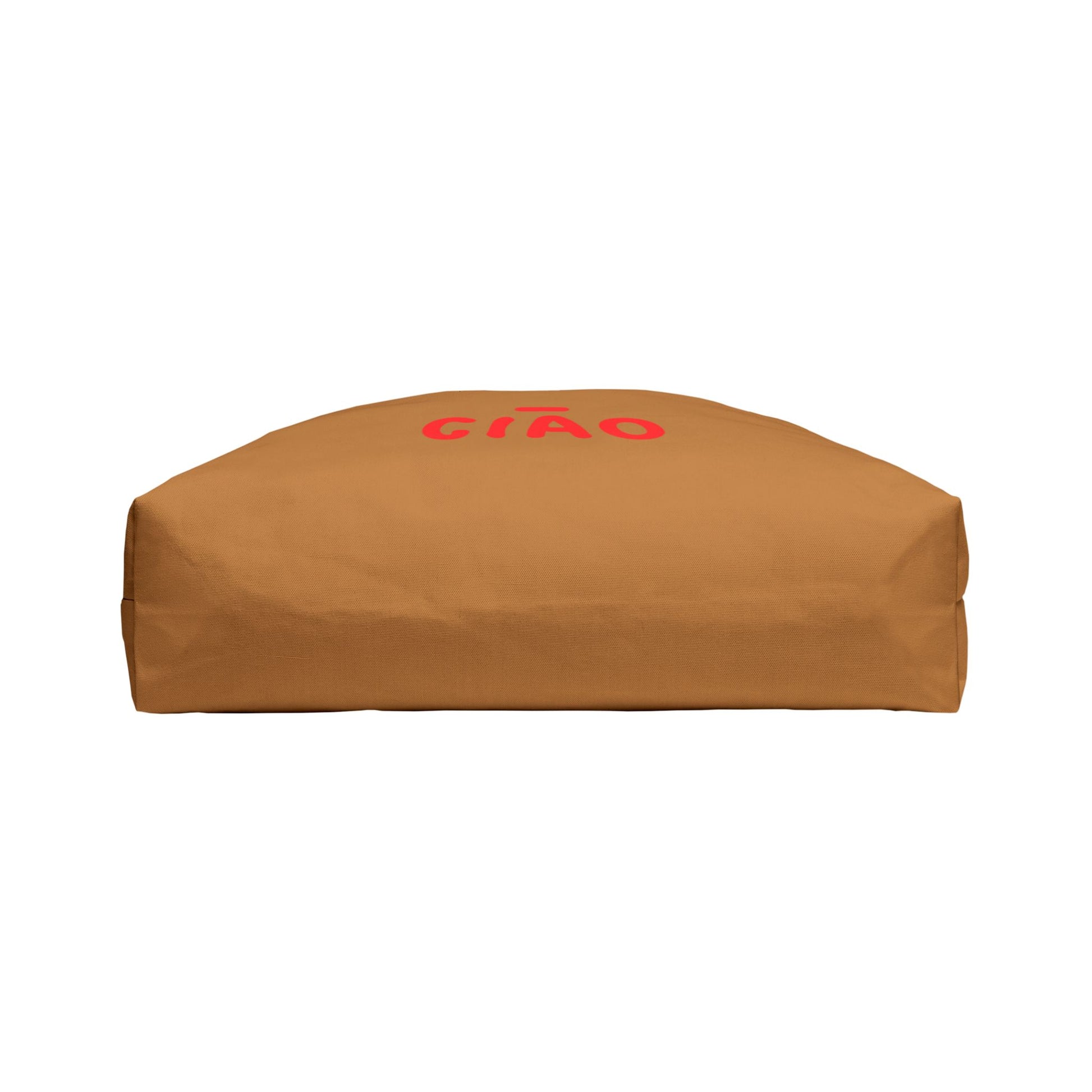 Brown cushion with 'CIAO' text on a white background