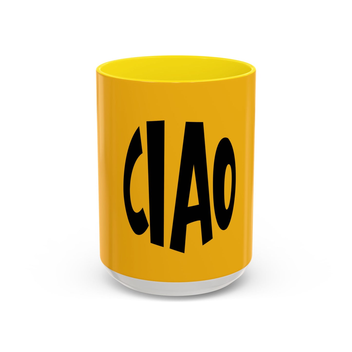 Yellow cup with 'CIAO' text on a white background