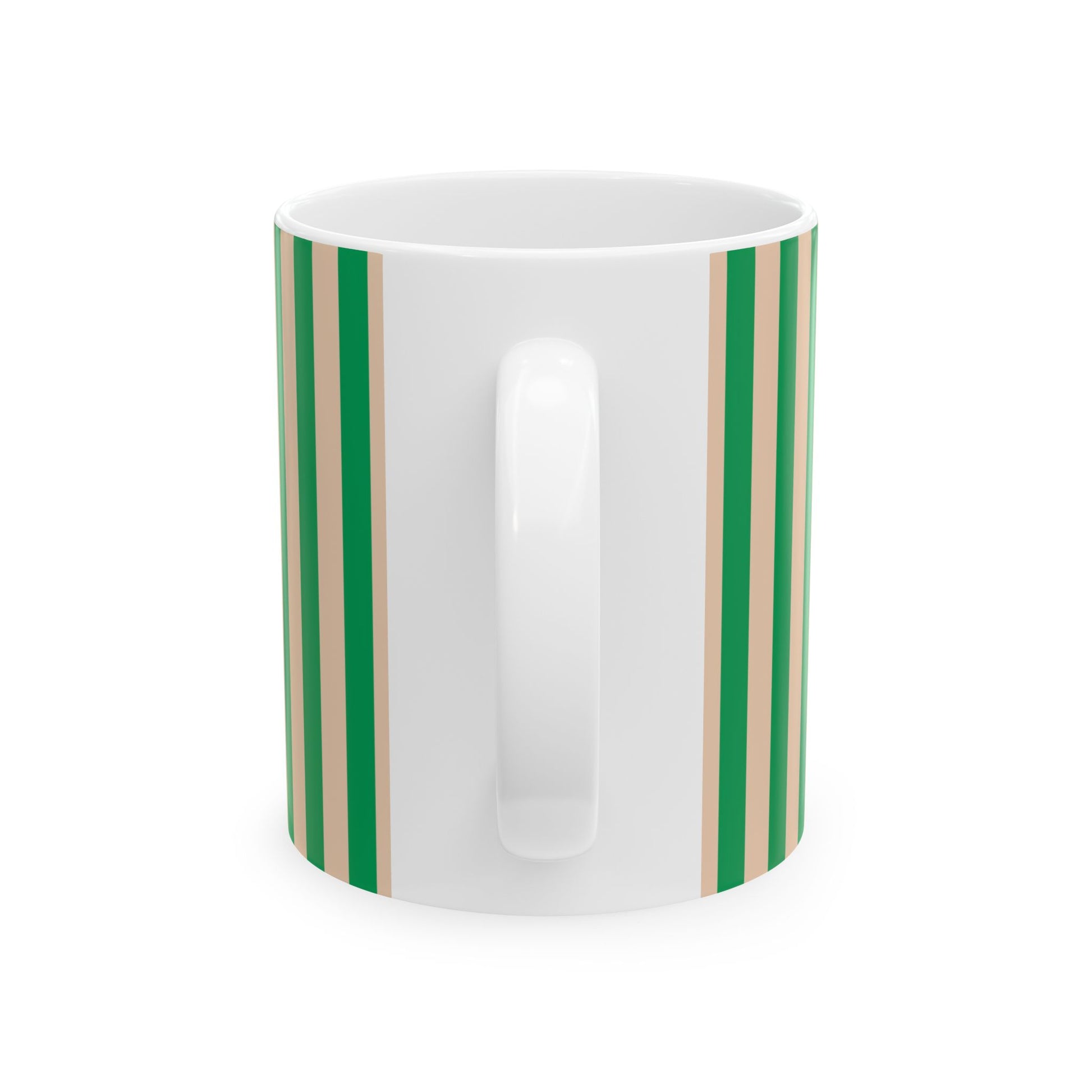 White mug with green and brown stripes on a white background