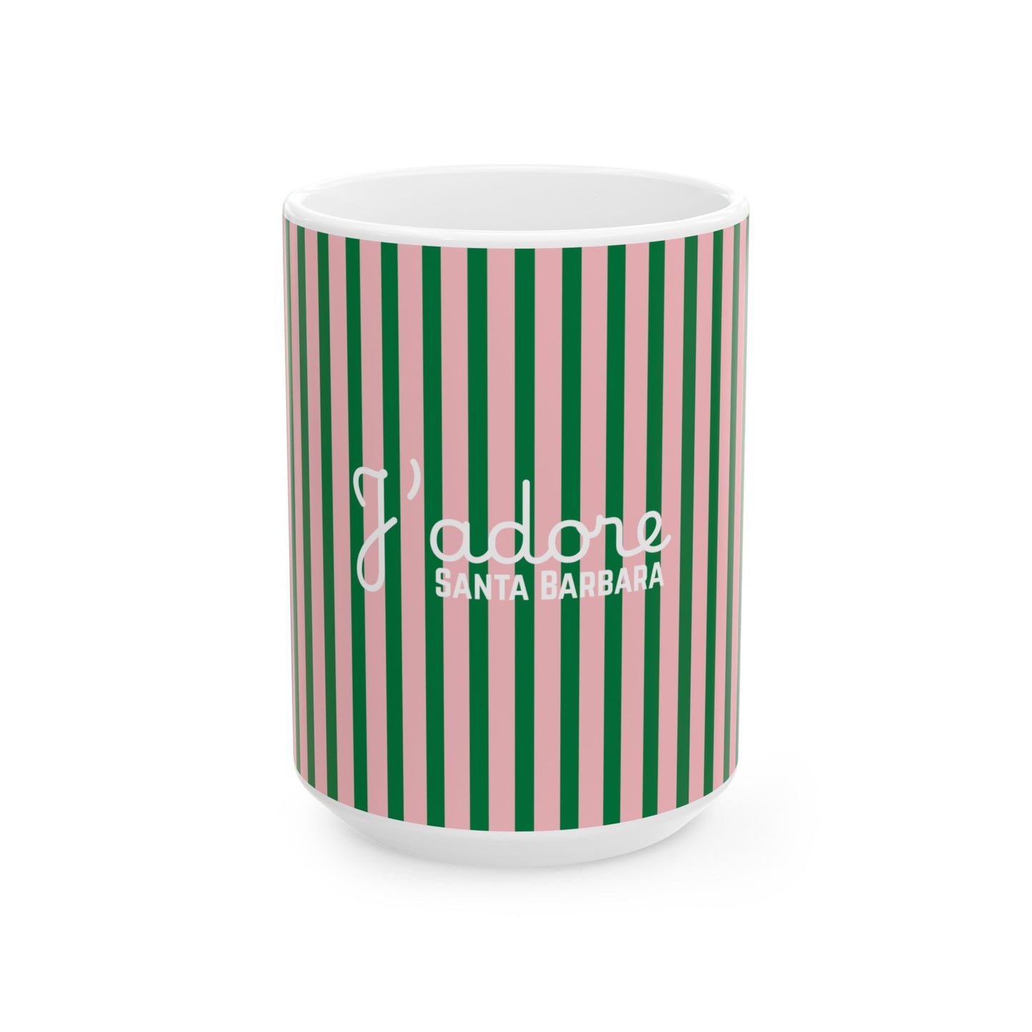 A white ceramic mug with vertical pink and green stripes, featuring the text 'I adore SANTA BARBARA' in white script and sans-serif fonts on the front.