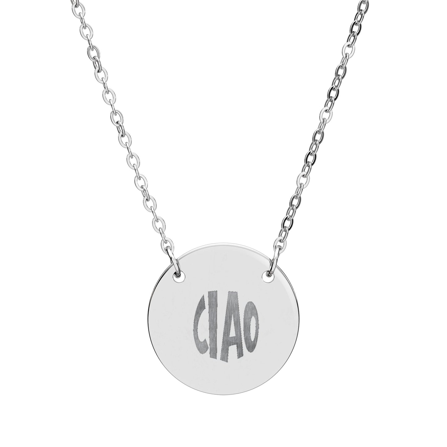 Silver necklace with a round pendant engraved with 'CIAO' on a white background