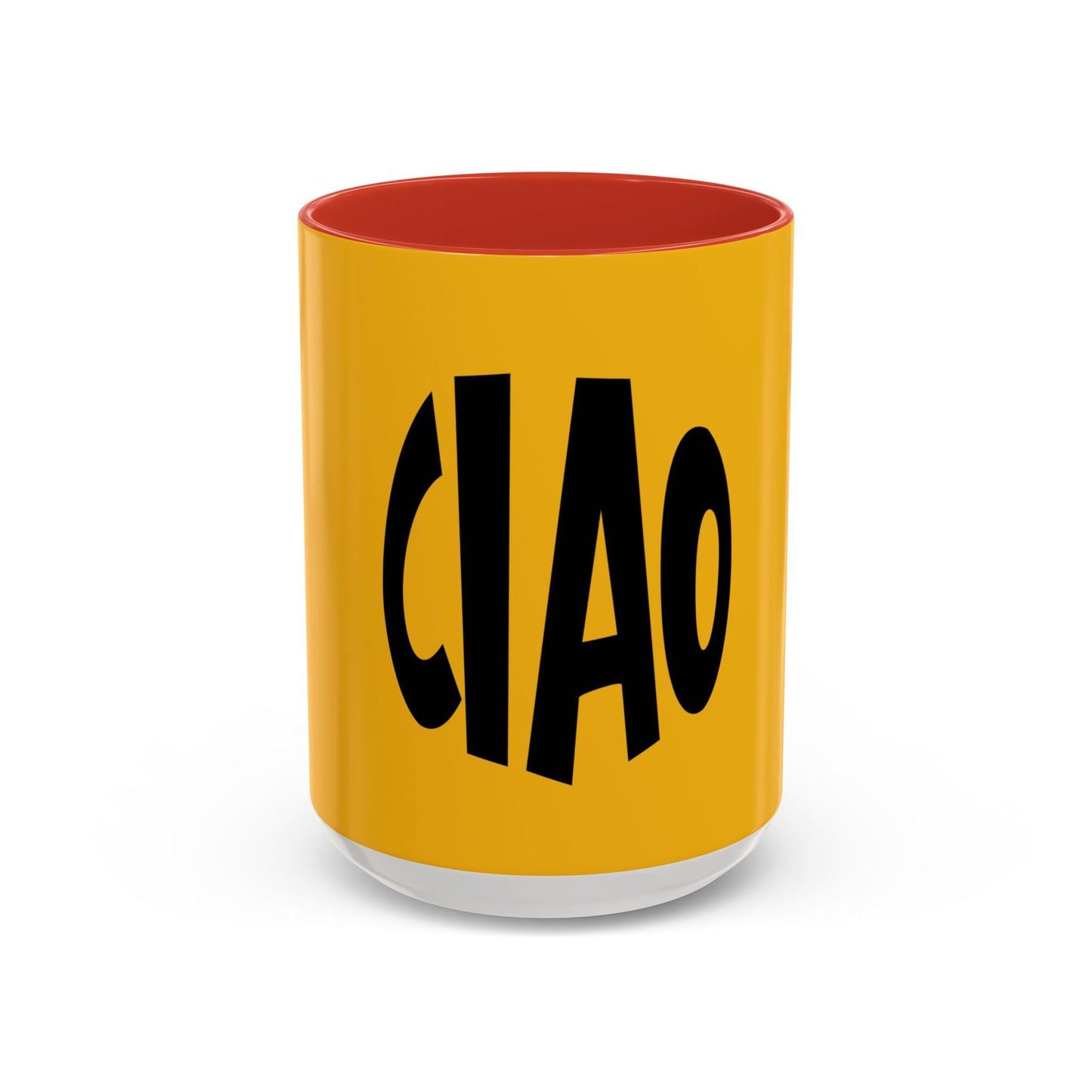 Yellow cup with red interior and black 'CIAO' text on a white background