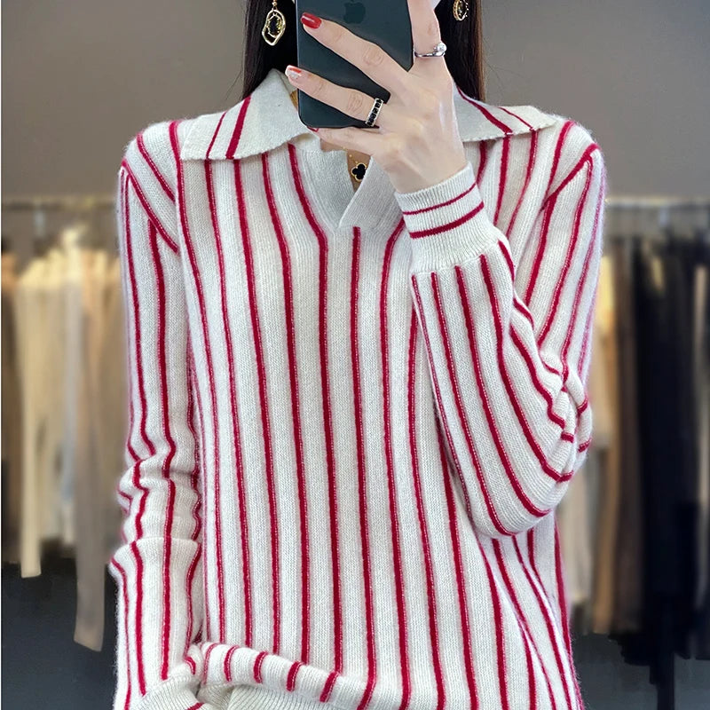 Retro Striped Women's Wool Pullover, Preppy Shirt