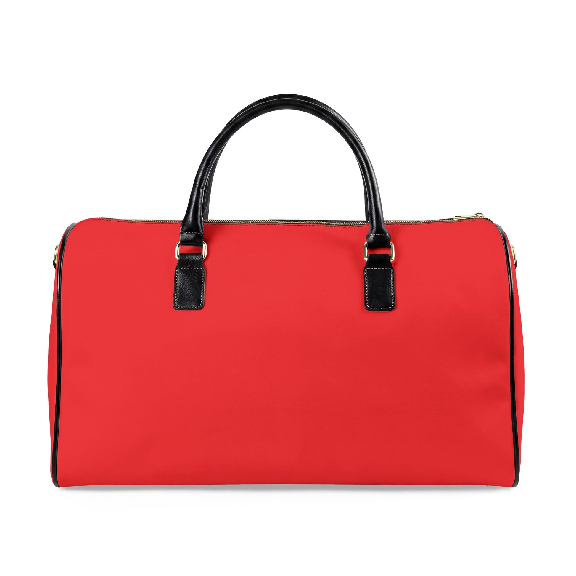 Red duffel bag with black handles on a white background