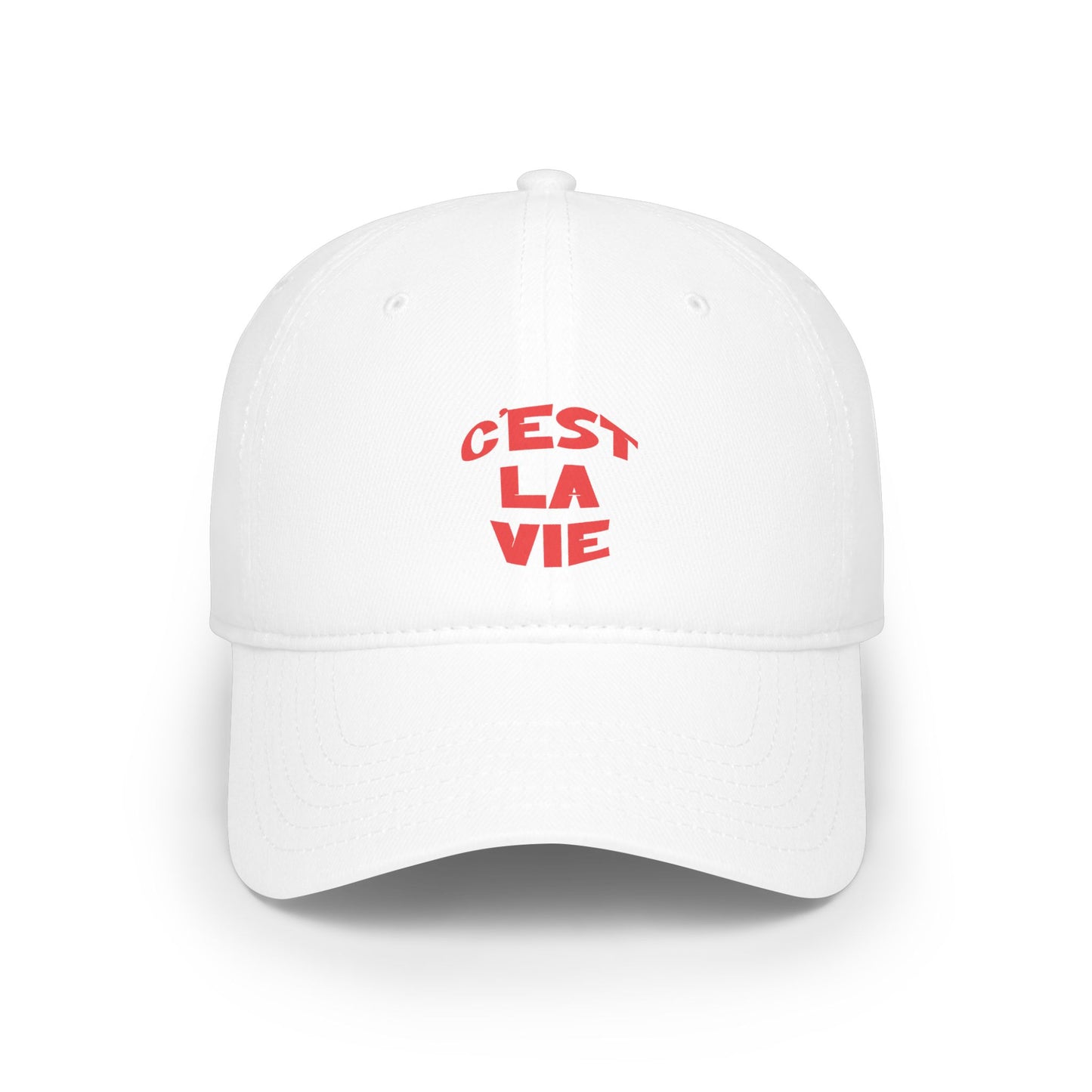 White cap with red text 'C'EST LA VIE' on a white background