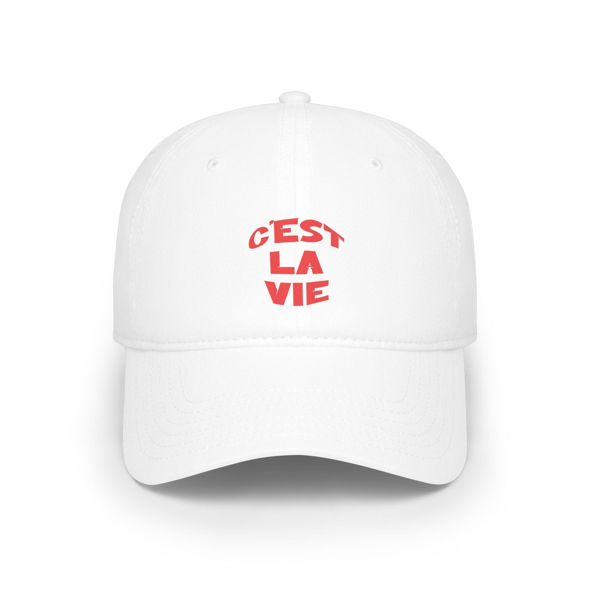 White cap with red text 'C'EST LA VIE' on a white background
