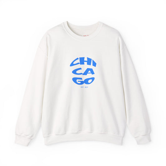 White sweatshirt with blue 'Chicago' graphic on a white background