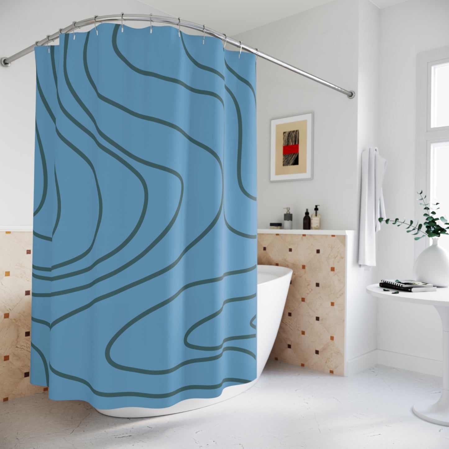 Azure Blue Abstract Wave Shower Curtain, Dark Bathroom Decor
